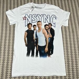 NSYNC Glitter Logo Boyfriend Fit Girls White T Shirt Women’s Sz M New